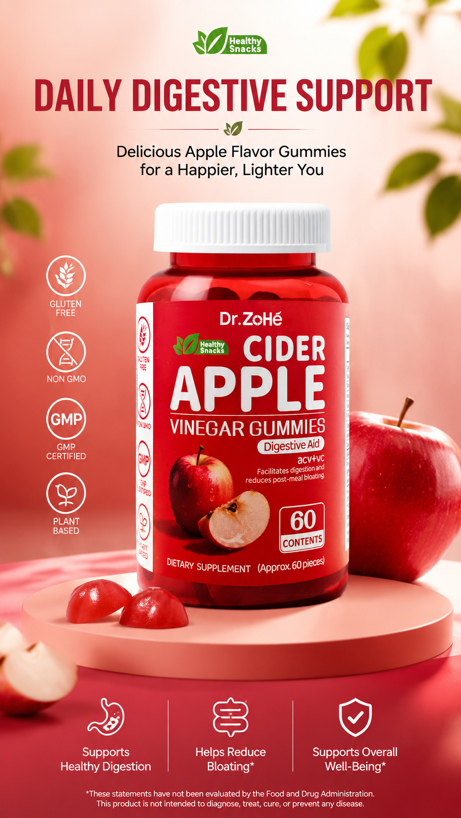 Apple Cider Vinegar Gummies – Digestive Support, Bloating Relief & Daily Wellness, Sugar Free