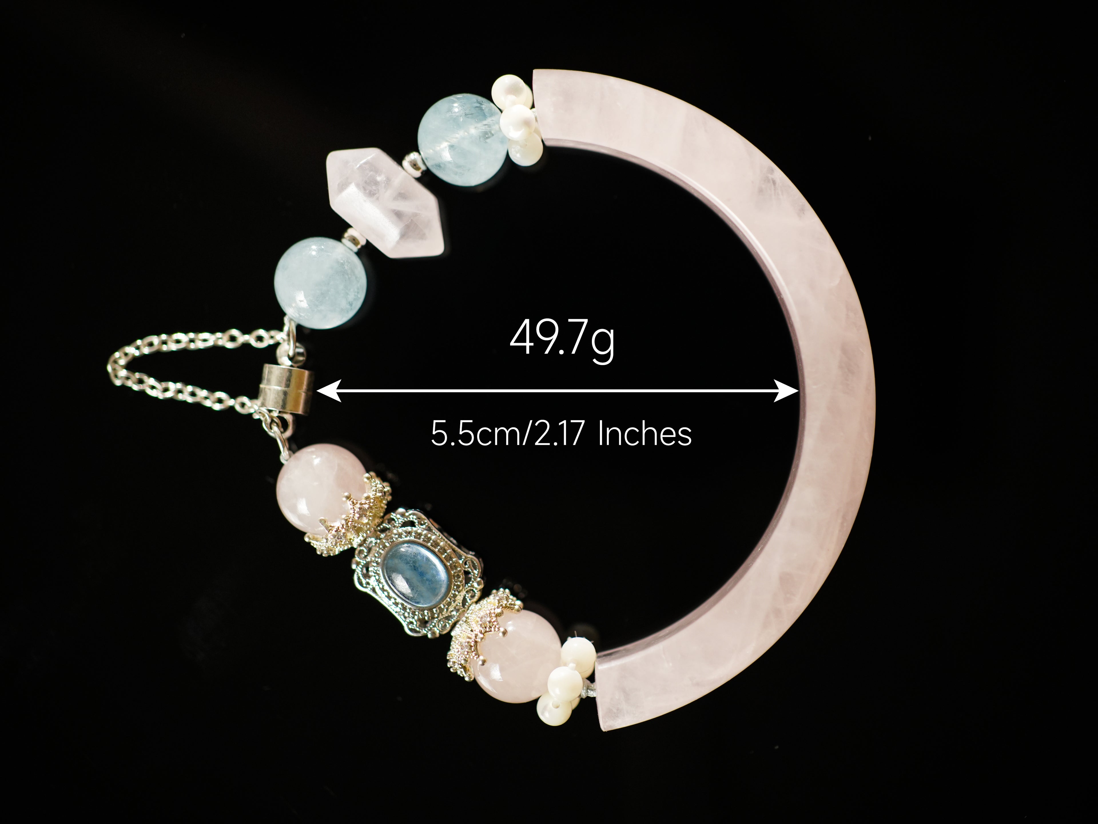 Natural Madagascar Rose Quartz Aquamarine Crystal Bangle Bracelet for Attracting Benefactor & Helpful Mentors Enhance Social Luck and Relieve Anxiety