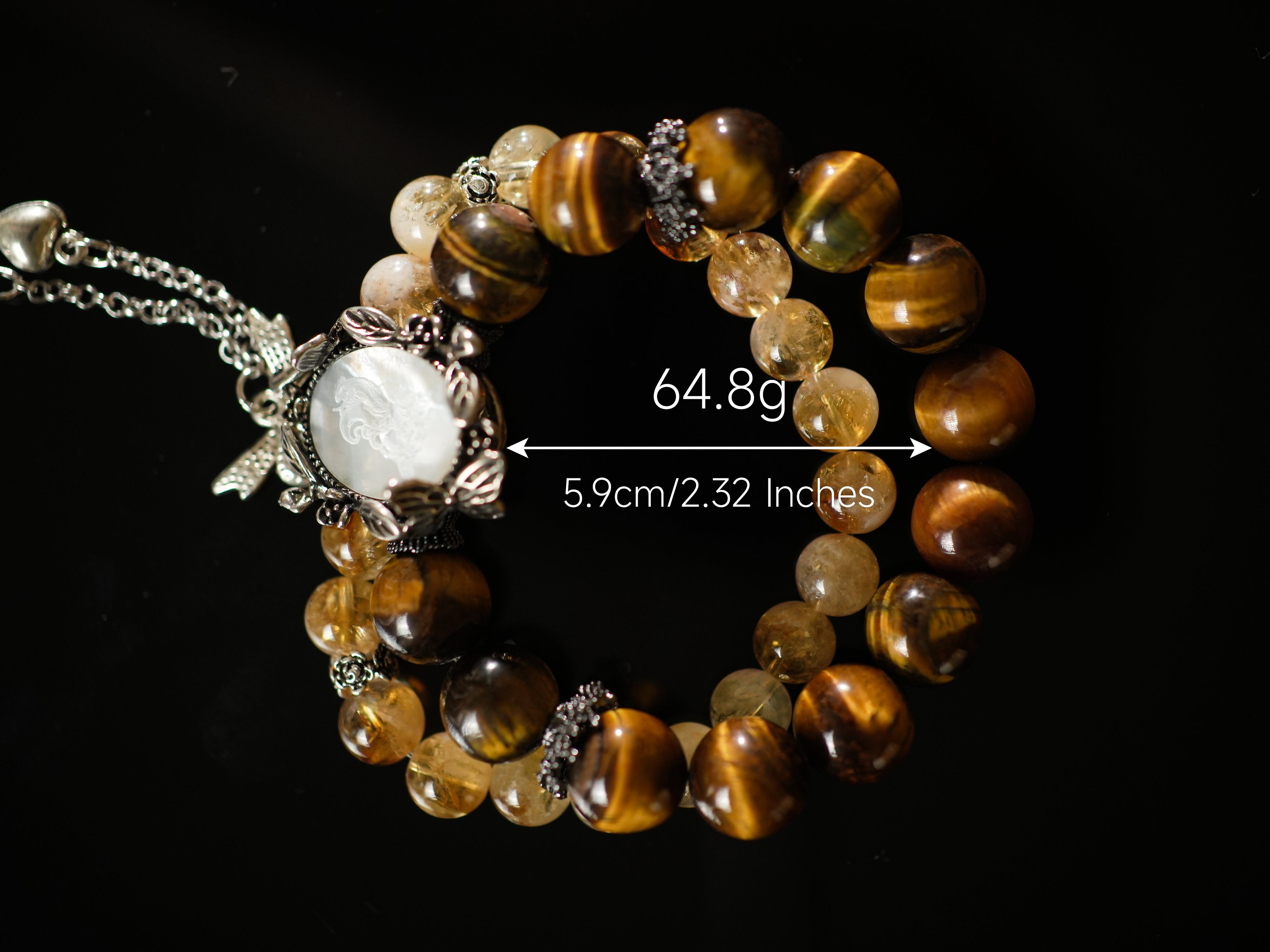 Natural Tiger's Eye Citrine Golden Rutilated Quartz Crystal with Pearl Pendant Career Success Attract Wealth
