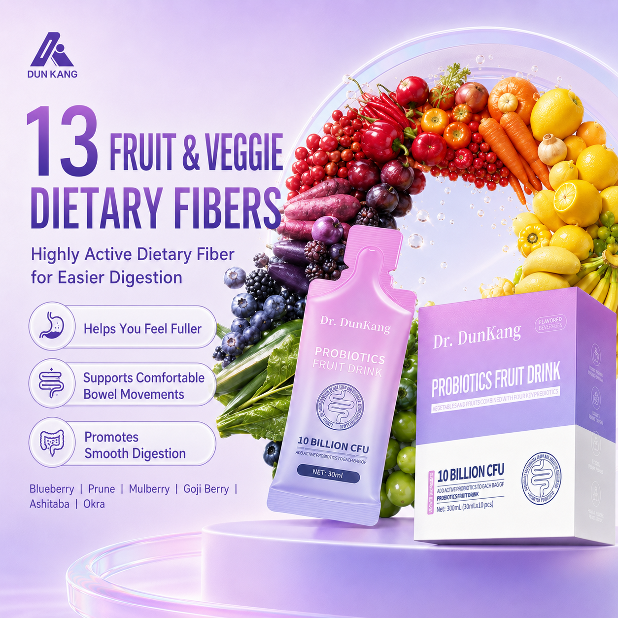 Prebiotic Fruit & Vegetable Drink for Bloat Reduction, Detox & Gut Cleansing – 10 Billion CFU, No Laxatives, 13 Fruit & Vegetable Fibers