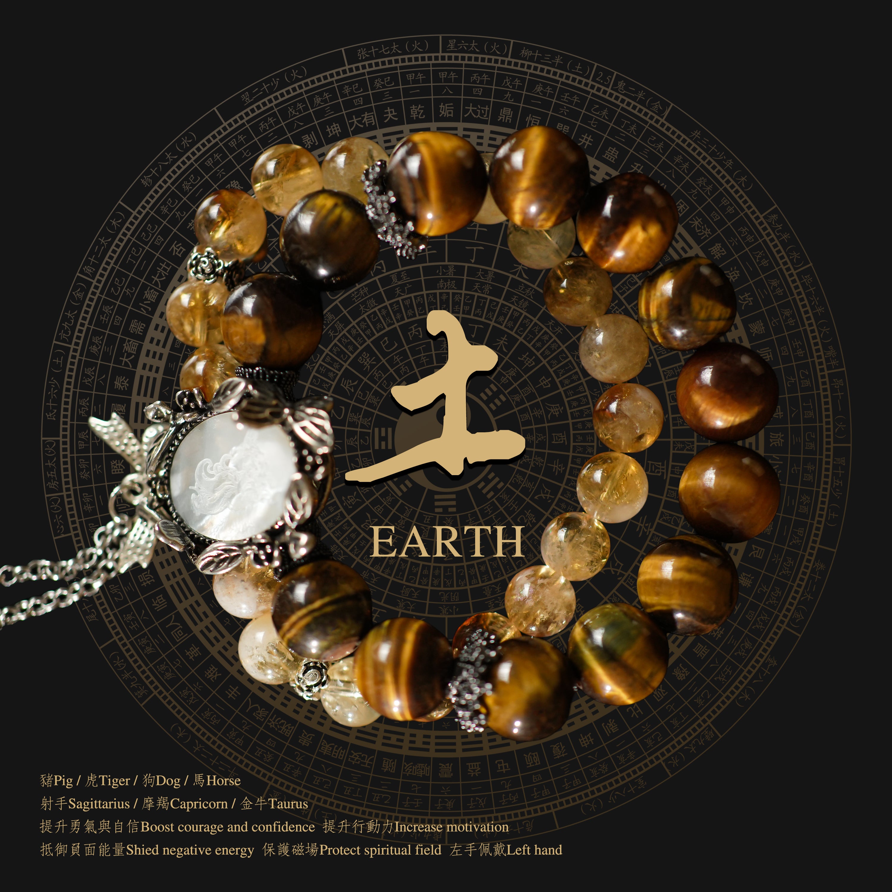 Natural Tiger's Eye Citrine Golden Rutilated Quartz Crystal with Pearl Pendant Career Success Attract Wealth
