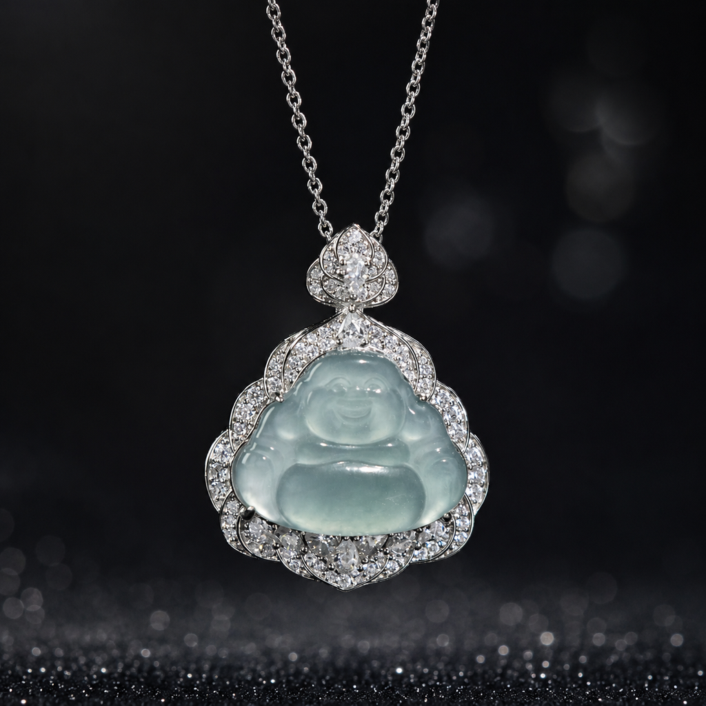 Grade A Jade Icy Laughing Buddha Pendant Necklace Brings Harmony and Good Luck