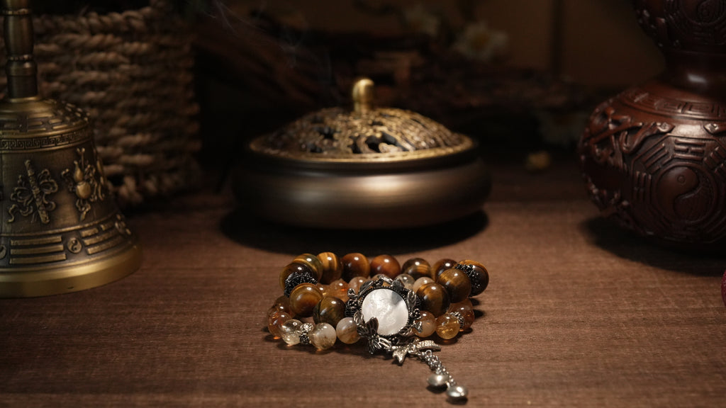 Natural Tiger's Eye Citrine Golden Rutilated Quartz Crystal with Pearl Pendant Career Success Attract Wealth