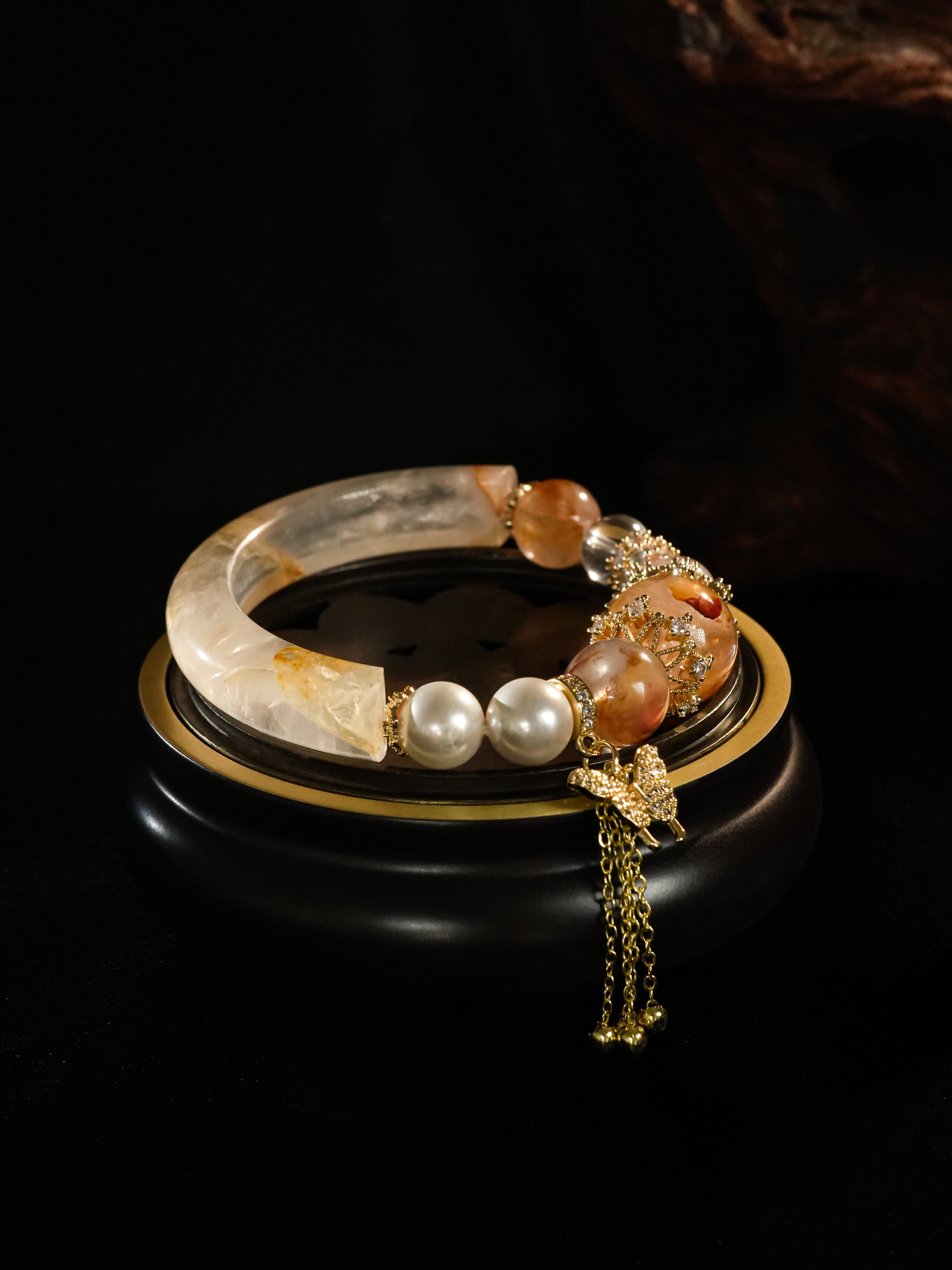 Natural  Golden Garden Quartz Crystal Jade Bangle Bracelet Attract Wealth and Good Fortune Oriental Aesthetics Strong Energy