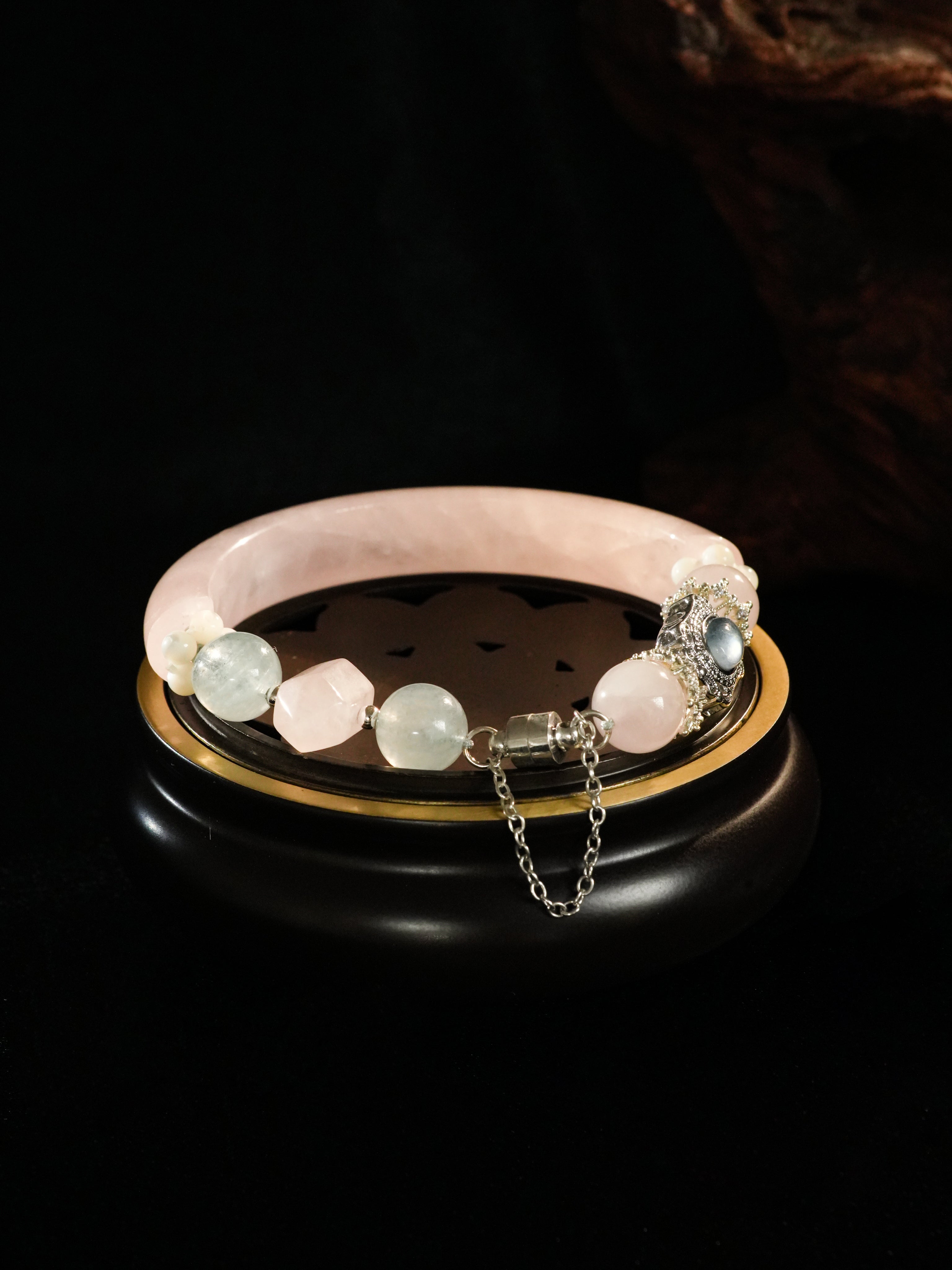 Natural Madagascar Rose Quartz Aquamarine Crystal Bangle Bracelet for Attracting Benefactor & Helpful Mentors Enhance Social Luck and Relieve Anxiety