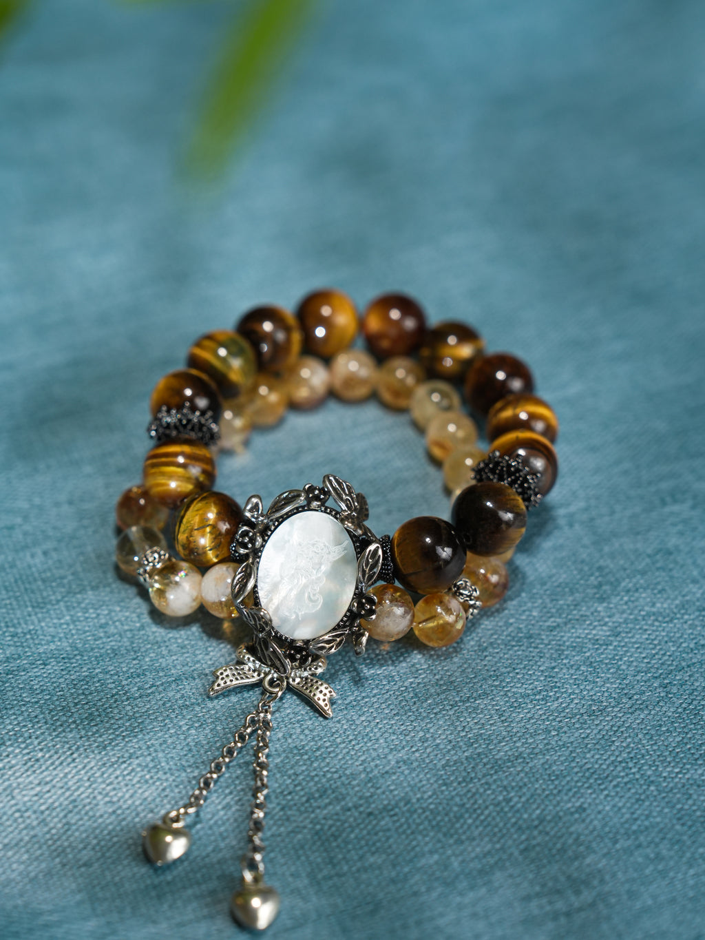 Natural Tiger's Eye Citrine Golden Rutilated Quartz Crystal with Pearl Pendant Career Success Attract Wealth