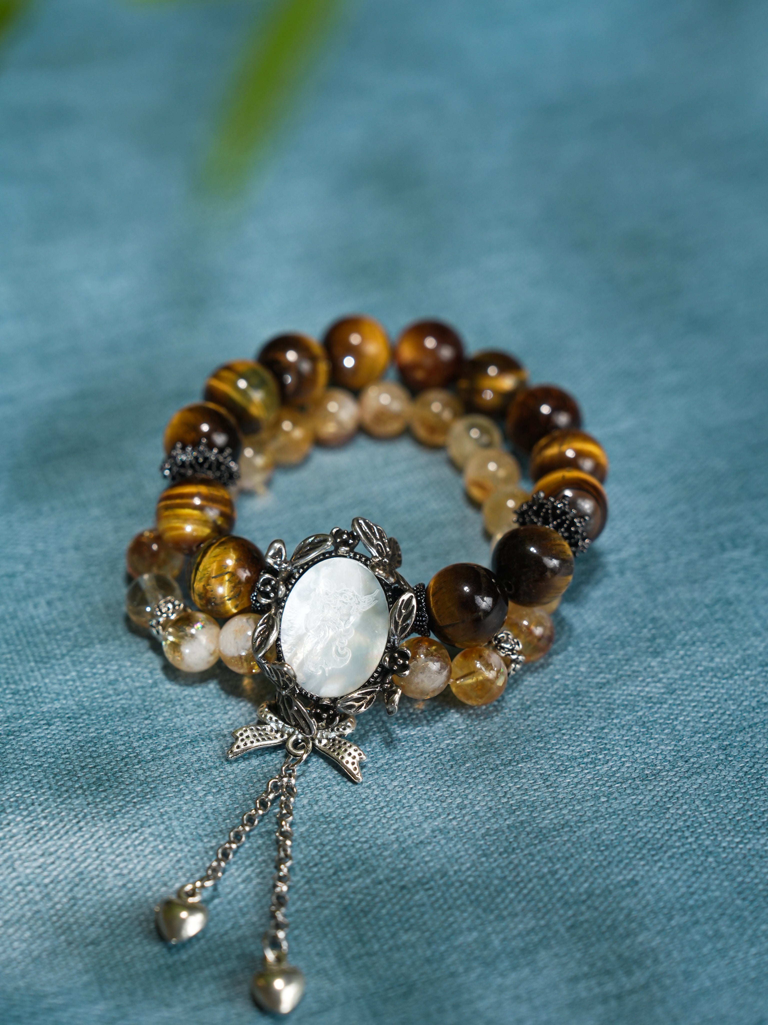 Natural Tiger's Eye Citrine Golden Rutilated Quartz Crystal with Pearl Pendant Career Success Attract Wealth